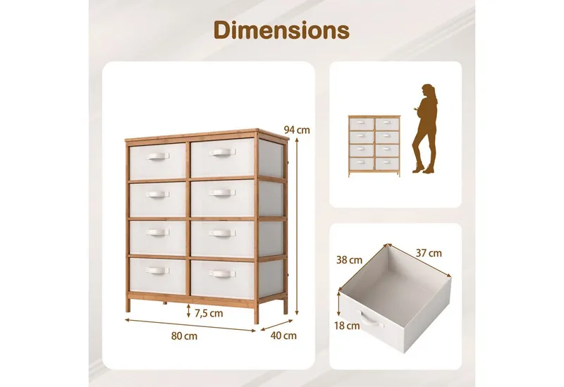 COSTWAY COSTWAY Sideboard, mit 8 abnehmbaren Stoffschubladen Bambus 80x40x94cm, Beige, – Produktbild 5 von 5