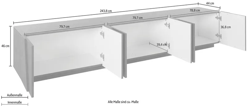 Home affaire Lowboard PING, TV-Board, TV-Band, TV-Kommode, mit 6 Türen, Breite 243,8 cm, Weiß, – Produktbild 5 von 5