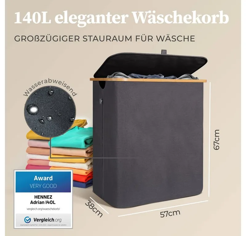 HENNEZ Wäschekorb Bambus mit Deckel 2 Fächer, 140L Wäschesack - Wäschesortierer Wäschebox Wäschetonne Wäschesammler, Grau|schwarz, – Produktbild 3 von 5
