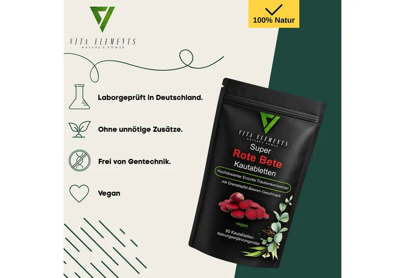Vita Elements Super Rote Bete Gummies - Mit Enovita Traubenkernextrakt, 60 Kaubonbons, 1 er Packung à 60 St., Granatapfel-Beeren-Geschmack, Vegan, Gentechnikfrei und Laborgeprüft – Produktbild 3 von 5