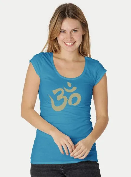 Peaces.bio - handbedruckte Biomode Peaces.bio - handbedruckte Biomode Roundneck Shirt Damen OM, Türkis, – Produktbild 2 von 2