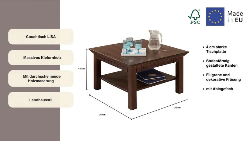 OTTO home Couchtisch Lisa, Tisch, Kaffeetisch, Beistelltisch, Kaffeetisch, massives Kiefernholz, FSC®, B/T/H: 76x76x45 cm, Braun, – Produktbild 3 von 5