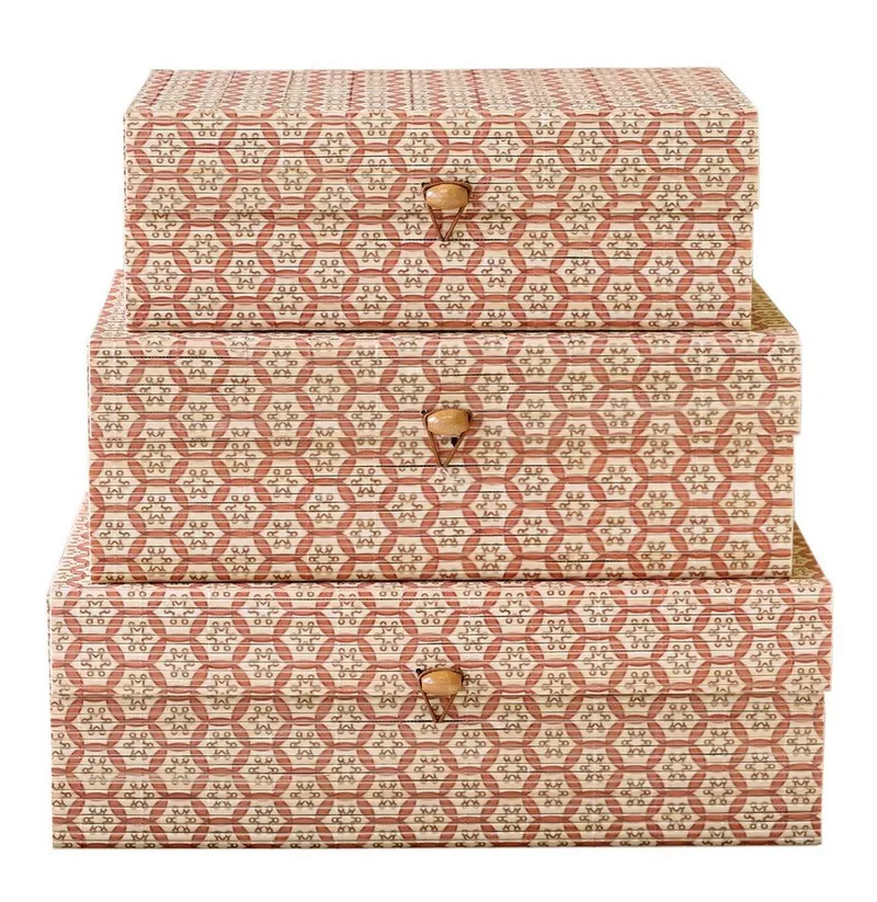 Chic Antique Holzkiste Chic Antique - 3er Schachtel Set Box Kiste mit Deckel Bambus Muster (Set bestehend aus 3 Boxen), Beige|rosa, – Produktbild 2 von 5