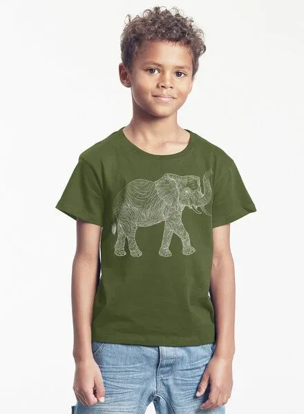Peaces.bio - handbedruckte Biomode Peaces.bio - handbedruckte Biomode Bio-Kinder T-Shirt "Babyelefant", Waldgrün, – Produktbild 2 von 2