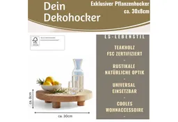 LS-LebenStil Blumenständer Pflanzenhocker Teak Holz XL 30x8cm Rund Mini Tisch Deko Tablett Blumen (Design Deko Hocker Teak Holz 18x15cm Mini Tisch rustikales Tischchen, 1 St., Braun 4 Füße kleiner Pflanzenständer Pflanzentisch Holzhocker Deko), FSC zertifiziert – Produktbild 1 von 1