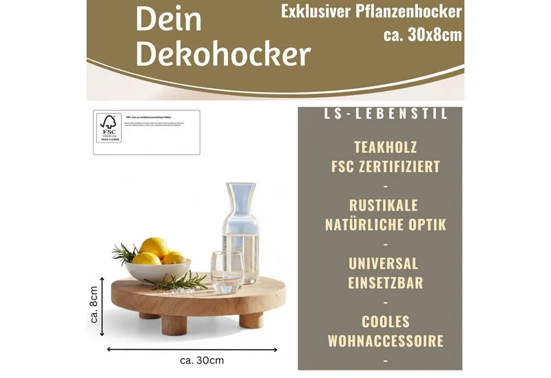 LS-LebenStil Blumenständer Pflanzenhocker Teak Holz XL 30x8cm Rund Mini Tisch Deko Tablett Blumen (Design Deko Hocker Teak Holz 18x15cm Mini Tisch rustikales Tischchen, 1 St., Braun 4 Füße kleiner Pflanzenständer Pflanzentisch Holzhocker Deko), FSC zertifiziert, Braun, – Produktbild 1 von 5