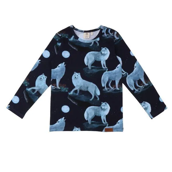 Walkiddy Kinder Langarmshirt GOTS zertifiziert Bio-Baumwolle, Dunkelblau, Wolfs-Muster, Walkiddy – Produktbild 1 von 2