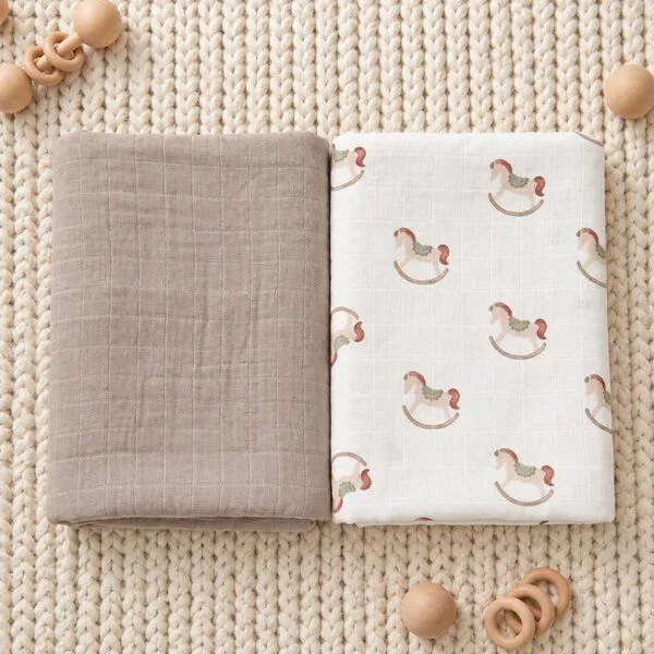 Bebekevi Bebekevi Spucktuch - Multitücher - Decke Müsselin 80 × 90 cm - 2er set - 100 % Baumwolle, Beige-pferd, – Produktbild 1 von 2
