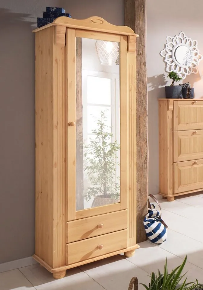 OTTO home Garderobenschrank Adele mit Spiegel, Breite 63 cm, mit 2 Schubladen, aus massiver Kiefer, FSC®, Beige, – Produktbild 2 von 5
