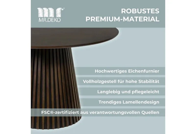 MR.DEKO Esstisch Diningtisch Esszimmertisch Barletta Smoked Oak rund 120 cm FSC®100%, Runde Tischplatte aus Eiche, Gestell Lamellenoptik, Esszimmer, Braun, – Produktbild 4 von 5
