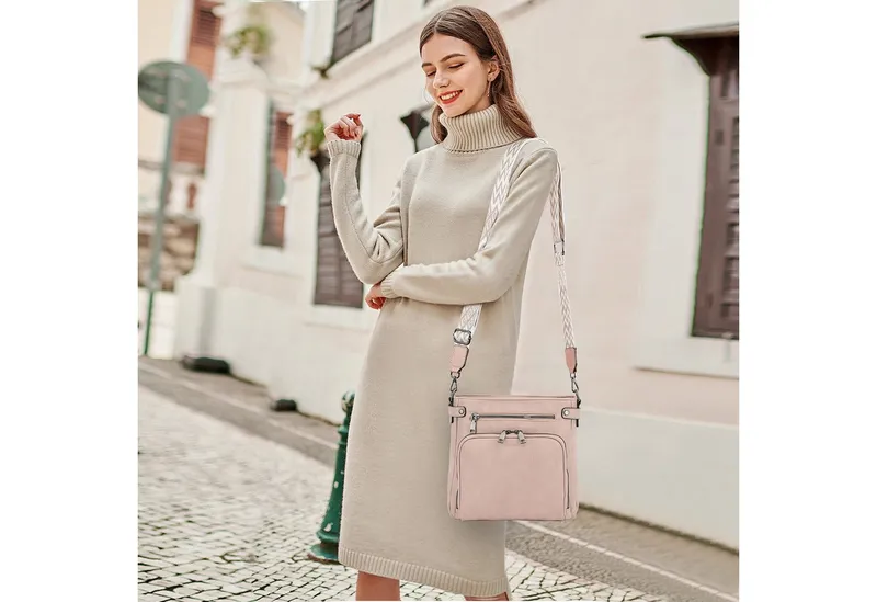 TAN.TOMI Schultertasche Handtasche damen mittelgroß Umhängetaschen crossbody bag, Retro leder PU damentaschen mit breitem gurt handtaschen, Rosa, – Produktbild 2 von 5