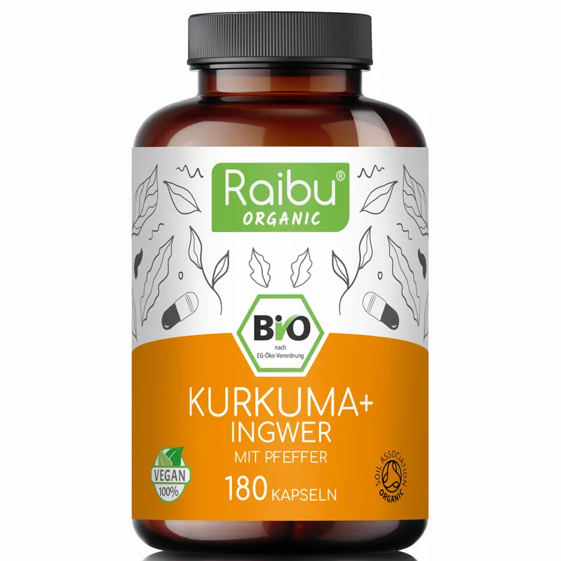 Raibu Natural Raibu Natural Kurkuma-Ingwer mit schwarzem Pfeffer BIO | 180 Kapseln – Produktbild 1 von 1