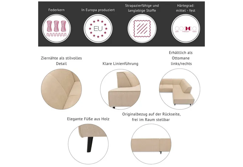 Home affaire Ecksofa Janek Scandic Design, elegant und zeitlos, L-Form, mit Federkern und Keder in scandinavischem Design, Grün, – Produktbild 1 von 5