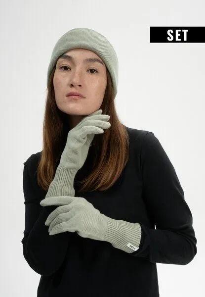 MELA MELA Bundle Feinstrick Mütze kurz LESH + Strick Handschuhe RISHI, Green clay, – Produktbild 1 von 3