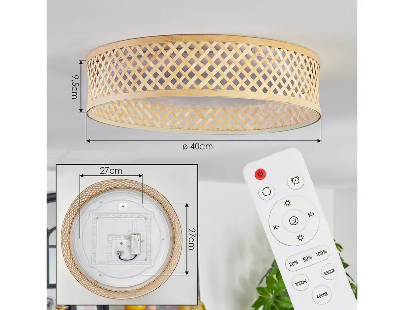 hofstein Deckenleuchte Deckenlampe im Boho-Design aus Metall/Bambus/Kunststoff in Weiß/Natur, ohne Leuchtmittel, Deckenleuchte dimmbar, Fernbedienung, Memory-Funktion, CCT einstellbar, Beige, – Produktbild 4 von 8