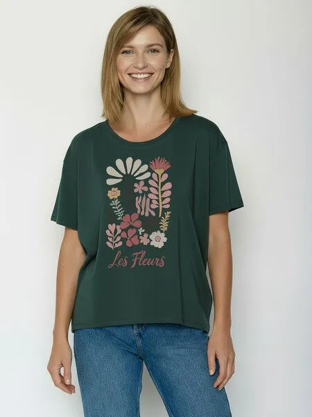 GreenBomb GREENBOMB Les Fleurs Feel - Lässiges T-Shirt aus Bio-Baumwoll-Mix / hochwertiger Print / GOTS / Fair & Vegan, Türkis (petrolgrün), – Produktbild 1 von 4