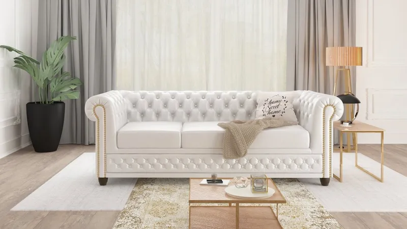 S-Style Möbel Chesterfield-Sofa Jeff 3-Sitzer aus veganem Leder mit Holzfüßen, Mit Wellenfederung, Weiß, – Produktbild 2 von 5