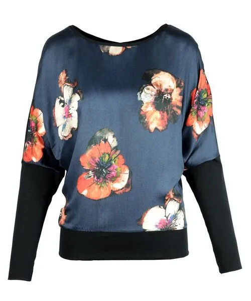 LASALINA LASALINA LINDA Blumenlangarmshirt - Ecovero Viskose & Bio Baumwolle, Blau schwarz, – Produktbild 1 von 4