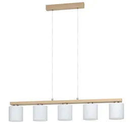 EGLO EGLO Hängeleuchte CASTRALVO Pendellampe, Stahl, Holz und Textil, Esszimmerlampe, Lampe, ohne Leuchtmittel, Pendelleuchte, L121 x B15 x H110 cm, nickel-matt, braun, weiß, 5X28W – Produktbild 1 von 1
