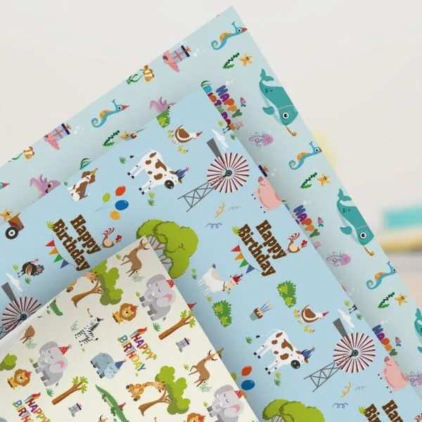Fines Papeterie Fines Papeterie 3x 3m Geschenkpapier Happy Birthday Zoo Set für Kinder 3 Rollen je 300x47 cm mit lustigen Tieren Bauernhof Safari Meer – Produktbild 4 von 4