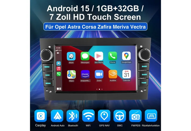 ESSGOO 7'' Android 15 WinCE für Opel Astra H/Corsa C/D/Vectra C/Zafira h 2DIN Navigationsgerät (Apple Carplay Android Auto GPS Navi WIFI BT EQ), Schwarz, – Produktbild 3 von 8
