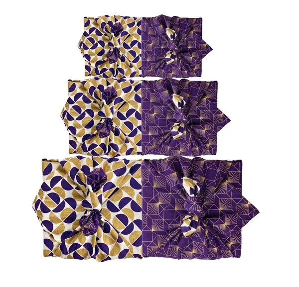FabRap Gift Wrap FabRap Gift Wrap Wiederverwendbare Geschenkverpackung Furoshiki Set mit drei Größen (doppelseitig), Plum diamonds & gold moons, – Produktbild 2 von 4