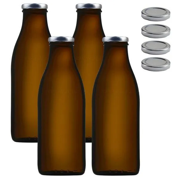mikken mikken 4er Set Milchflasche 1000 ml braune Glasflasche mit Ersatzdeckel Blueseal – Produktbild 1 von 6