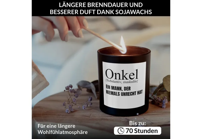 22Feels Duftkerze Deko Bester Onkel Geschenk Bday Weihnachten Mann von Nichte Neffe, MADE IN GERMANY, Europäisches Sojawachs, Handgegossen, Schwarz, – Produktbild 3 von 5