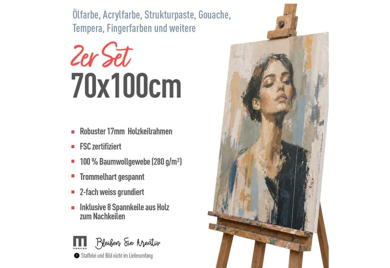 M MERCEO Leinwand Künstlerleinwand 70x100cm 2er Set - Weiße Leinwand zum Bemalen, 2er-Set Leinwand 70x100cm (zum Bemalen, Baumwolle, Weiß, – Produktbild 2 von 5
