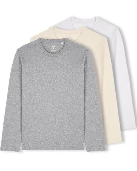 YTWOO YTWOO 3er Pack Unisex Basic Langarmshirts aus Bio-Baumwolle | Longsleeve | verschiedene Farbkombi | Mehrfachpack, Weiß-natural-hellgrau, – Produktbild 1 von 4