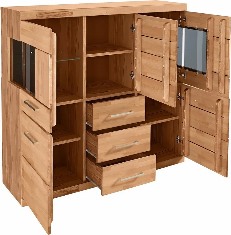 OTTO home Highboard Ribe,125cm breit,115cm hoch, Fronten Massivholz,5Türen,3 Schubladen, Holz massiv, Holzwerkstoff, Metall Griffe,10Fächer, Böden versetzbar, Braun, – Produktbild 7 von 8