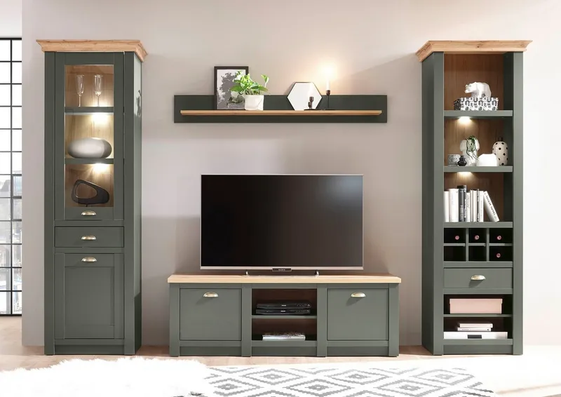 Home affaire Wohnwand Cambridge, moderne Anbauwand, Metallgriffen, Komplettset, Landhausstil, (Set, 4-St), enthält Regal, Vitrine, Lowboard und Wandboard, ohne Beleuchtung, Grün, – Produktbild 1 von 5
