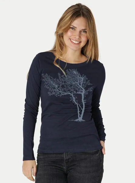 Peaces.bio - handbedruckte Biomode Peaces.bio - handbedruckte Biomode Bio-Damen-Langarmshirt "Fancy Tree", Blau, – Produktbild 1 von 3
