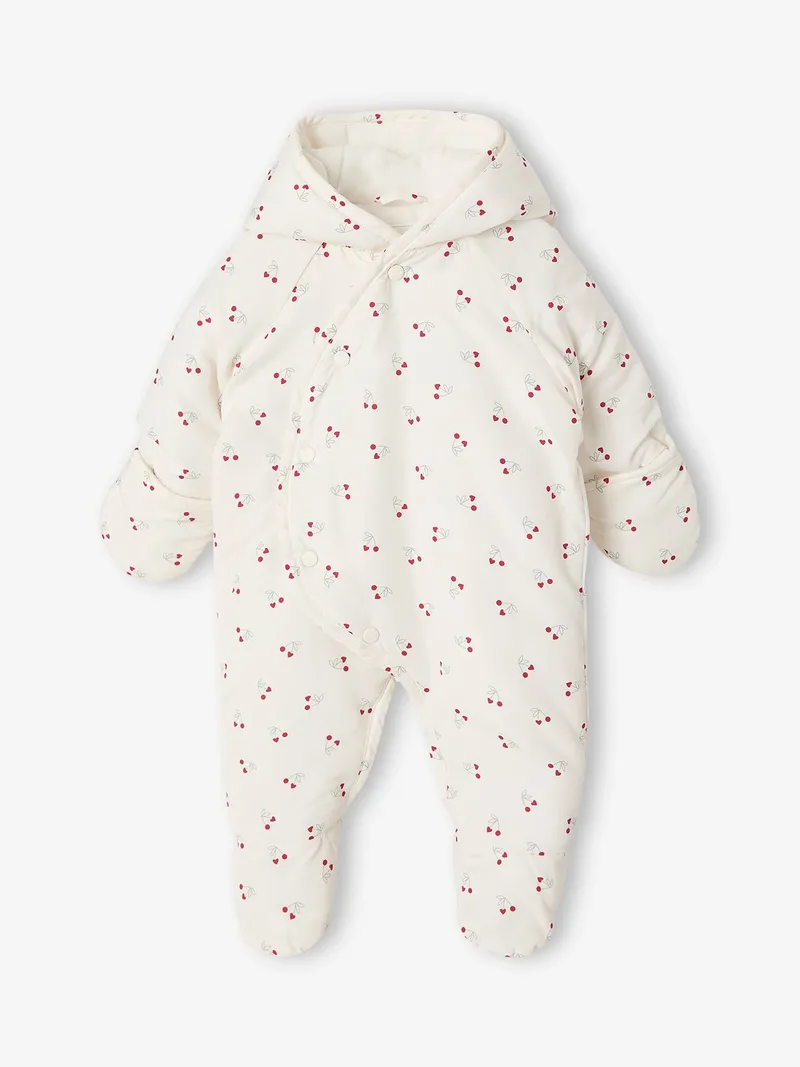 Vertbaudet Baby Winteroverall mit Kirschen-Motive und Kapuze, Wollweiß, – Produktbild 1 von 4