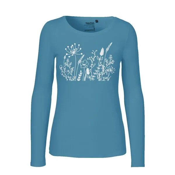 HANDGEDRUCKT HANDGEDRUCKT "Wilde Wiese" Frauen Longsleeve aus reiner Biobaumwolle (kbA), Dusty indigo, – Produktbild 1 von 3