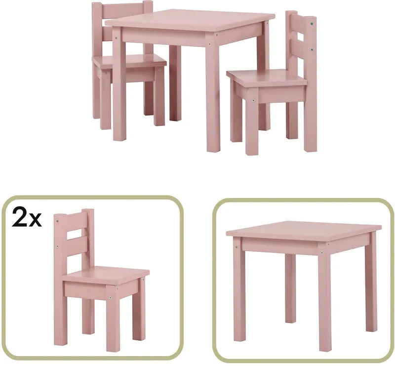 Hoppekids Kindersitzgruppe MADS aus Massivholz mit Kindertisch & passenden Stühlen, (Set, 3-tlg., 1 Tisch, 2 Stühle), in vielen Farben, mit zwei Stühlen, Rosa, – Produktbild 1 von 4