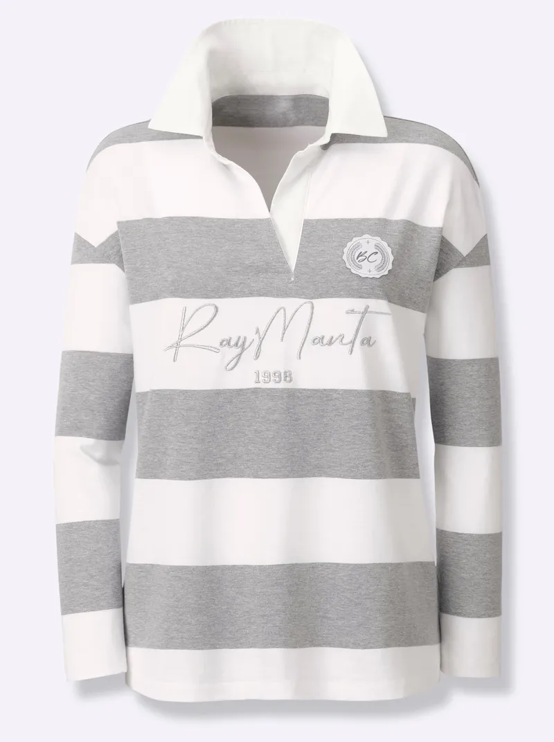 heine Langarm-Poloshirt grau-ecru-bedruckt, Grau-ecru-bedruckt, – Produktbild 2 von 3