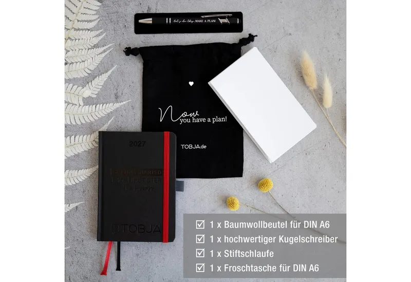 TOBJA Taschenkalender Taschenkalender 2027 A6 Schwarz Set mit Stift, Pen-Loop und Beutel, Zubehör-Set, Froschtasche, Pen-Loop, Touch-Stift, FSC-Hardcover, Schwarz, – Produktbild 5 von 5