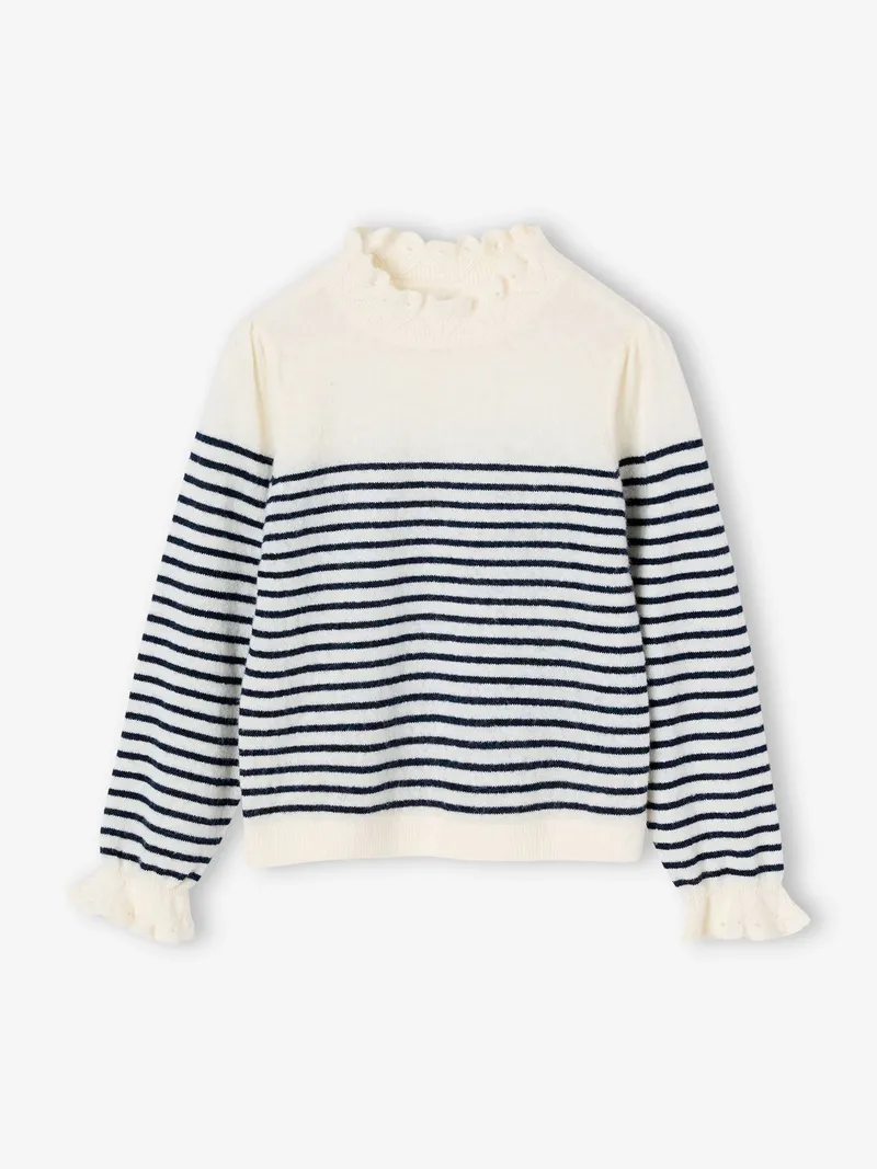 Vertbaudet Vertbaudet Gestreifter Mädchen Pullover mit Volantkragen Mama-Tochter-Capsule, Wollweiß, – Produktbild 1 von 4