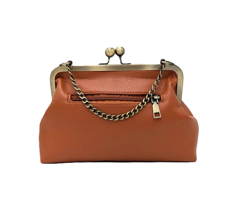 Mera Vellon Umhängetasche Damen Handtasche Novela, Umhängetasche aus veganem Leder und mit Clipverschluss, Braun, – Produktbild 1 von 5