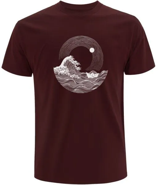 Spreecult Spreecult Die große Welle und das Papierboot - Bio und Fair - Männer Unisex T-Shirt, Burgund, – Produktbild 2 von 3