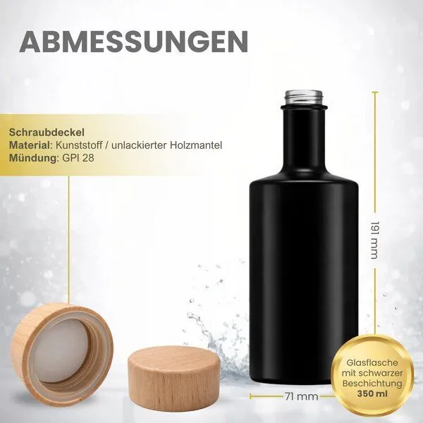 mikken mikken Schwarze Glasflasche 200 | 350 | 500 ml – leere Spirituosenflasche mit Holz-Schraubverschluss – Produktbild 3 von 3