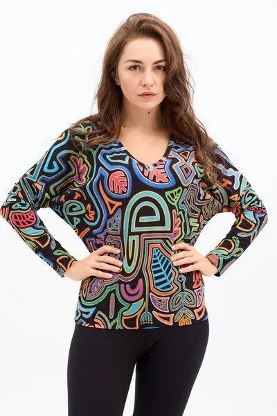 KOKOworld Bluse Saja Longsleeve – Viskose farbenfroher KOKOworld Print weiter Schnitt V-Ausschnitt – perfekt für Yoga – Fair produziert, Yala (mehrfarbig), – Produktbild 1 von 4