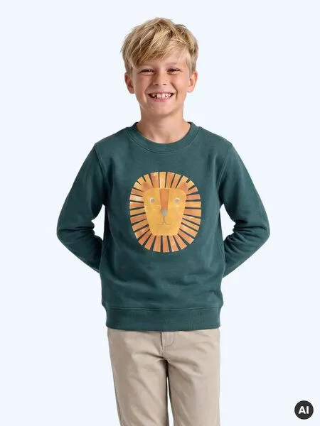 MelaDi Meladi Kinder Sweater aus Biobaumwolle - Löwe auf Forrest Green, Natural white, – Produktbild 4 von 5
