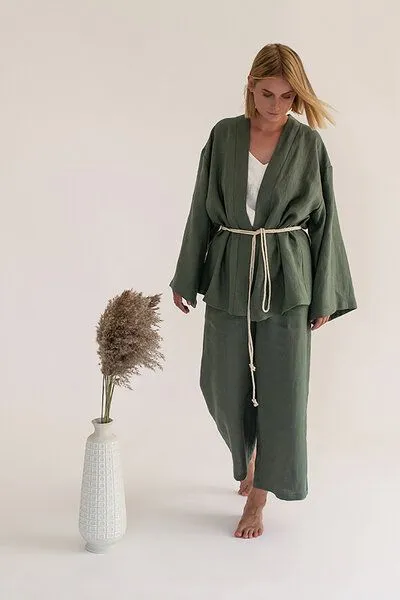 gust. gust. Leinen-Kimono-Set - Kimono und Hose - Linen Kimono Set - 100% Bio-Leinen, Pine (grün), – Produktbild 1 von 4