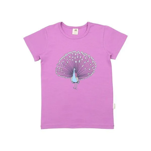 Walkiddy Walkiddy Kinder T-Shirt GOTS-zertifiziert aus Bio-Baumwolle lila mit Pfauen-Motiv, Blau, – Produktbild 1 von 3