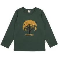 Walkiddy Kinder Langarmshirt GOTS zertifiziert, dunkelgrün, „Autumn Leaves“ Frontprint, Bio-Baumwolle, weich – Walkiddy – Produktbild 1 von 1