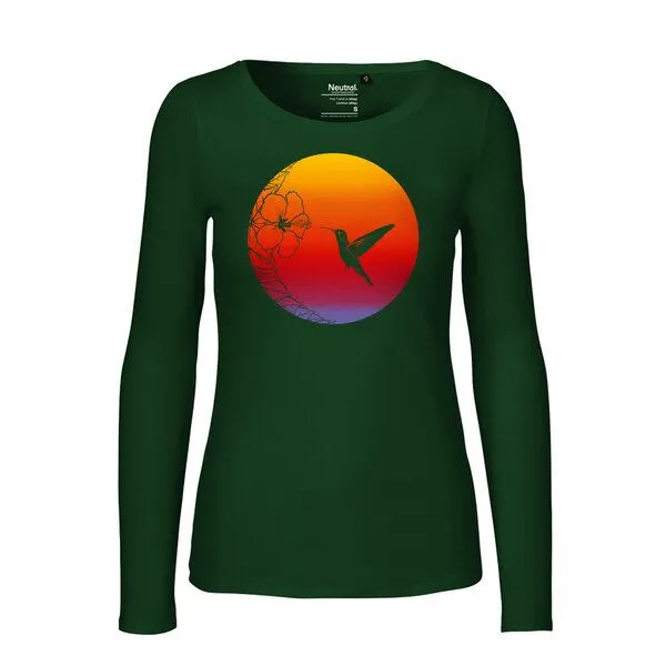 HANDGEDRUCKT HANDGEDRUCKT "Kolibri" Frauen Longsleeve aus reiner Biobaumwolle (kbA), Bottle green, – Produktbild 1 von 3