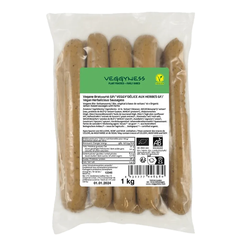 Veggyness Vegane Bratwurst, BIO, 1kg – Produktbild 1 von 1