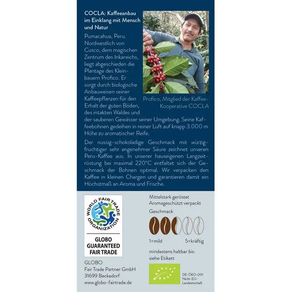 GLOBO Fair Trade GLOBO Fair Trade Bio-Kaffee COCLA PERU, gemahlen oder ganze Bohne – Produktbild 2 von 2